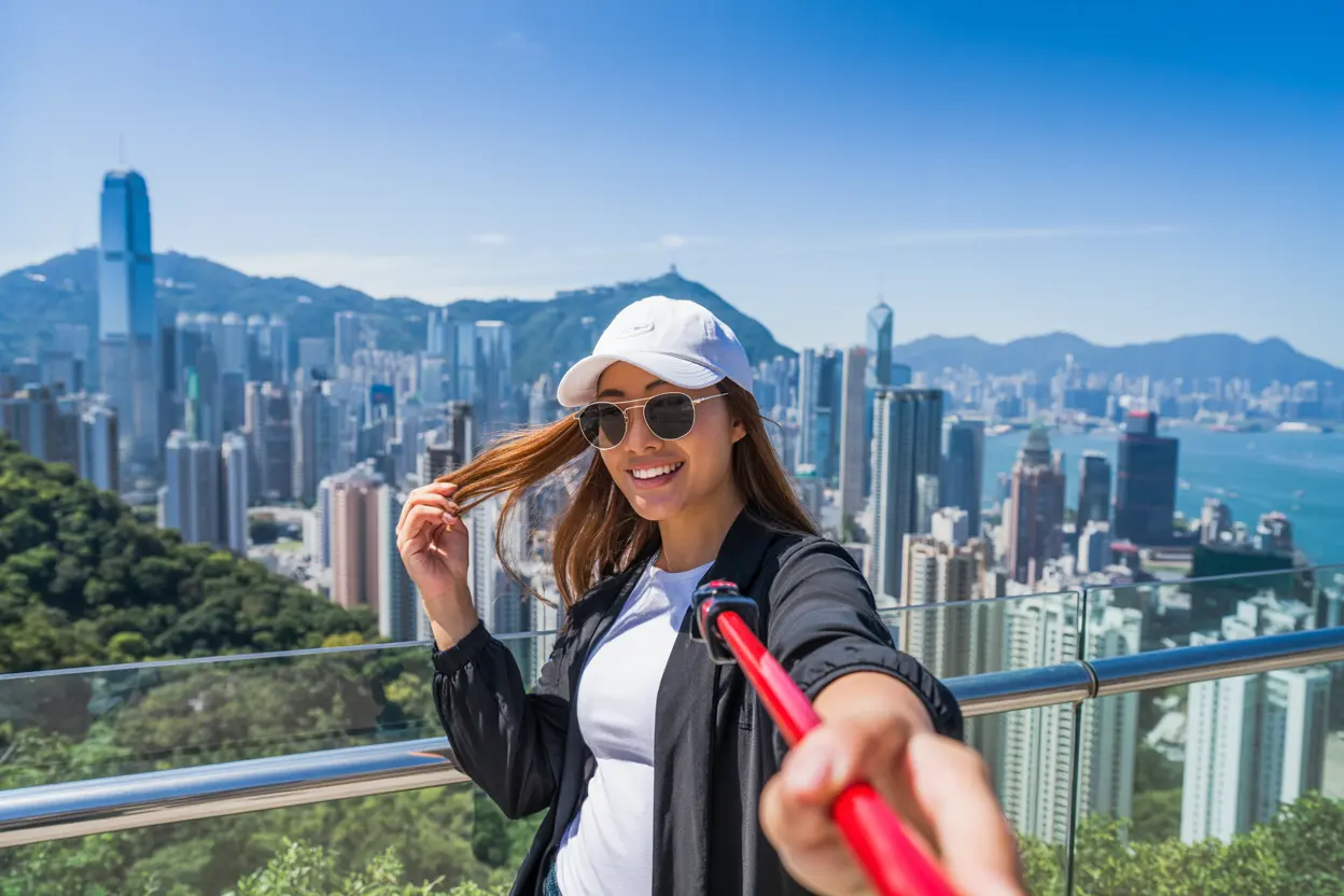 A travel photograph taken from Victoria Peak in Hong Kong, showing a young Filipino woman taking a selfie with the city's iconic skyline in the background.