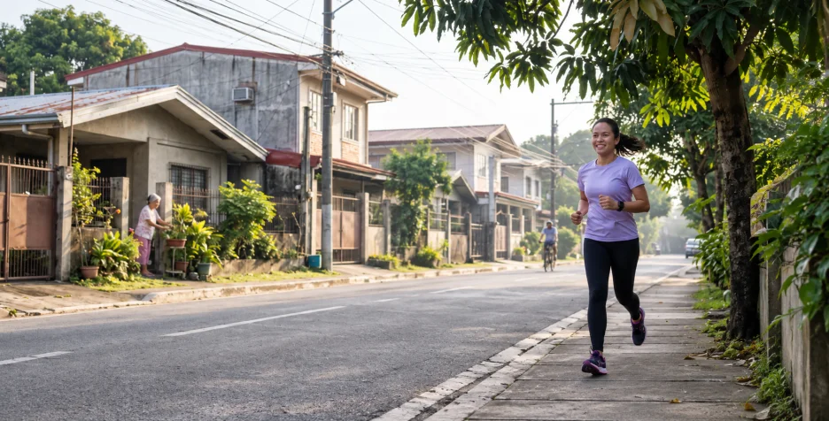 Filipino woman running outdoors on a neighborhood street in the morning to support heart health.
