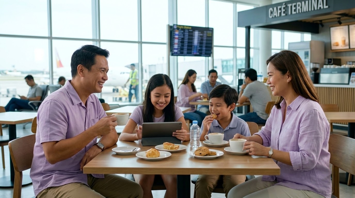 A Filipino family of four sitting at an airport cafe, drinking coffee and smiling while waiting for their flight.