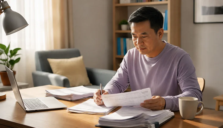 A Filipino man reviewing insurance documents at home while planning financial protection against critical illness.