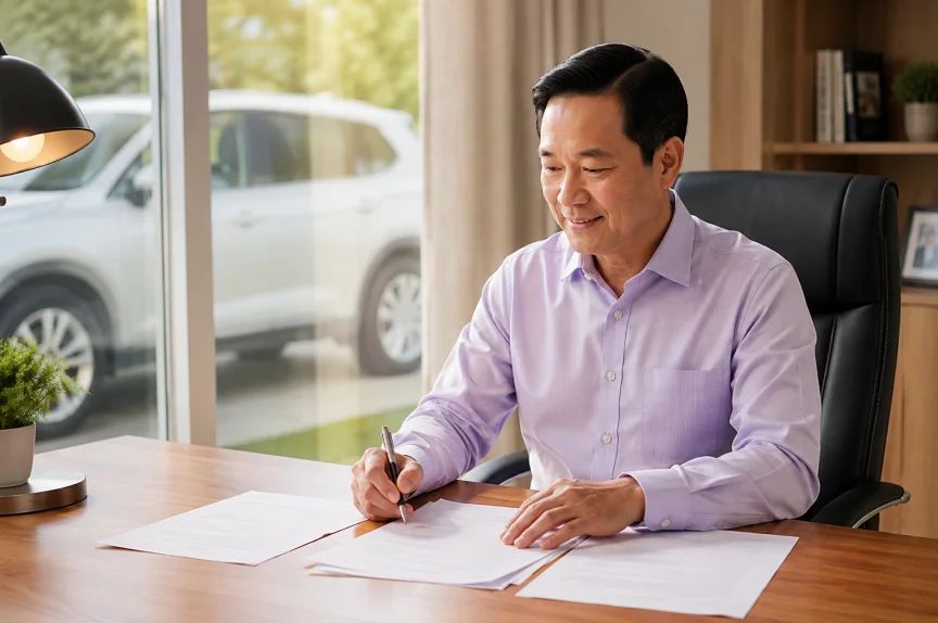 A Filipino man signing insurance paperwork at home to prepare for unexpected medical expenses.