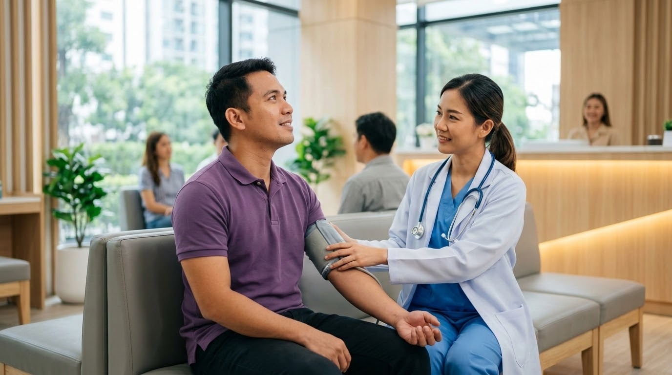 A Filipino traveler receiving medical attention from a healthcare professional in a clean, modern international clinic.