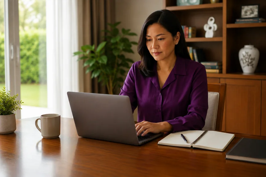 A Filipino woman researching car insurance coverage and premium costs on her laptop at home.