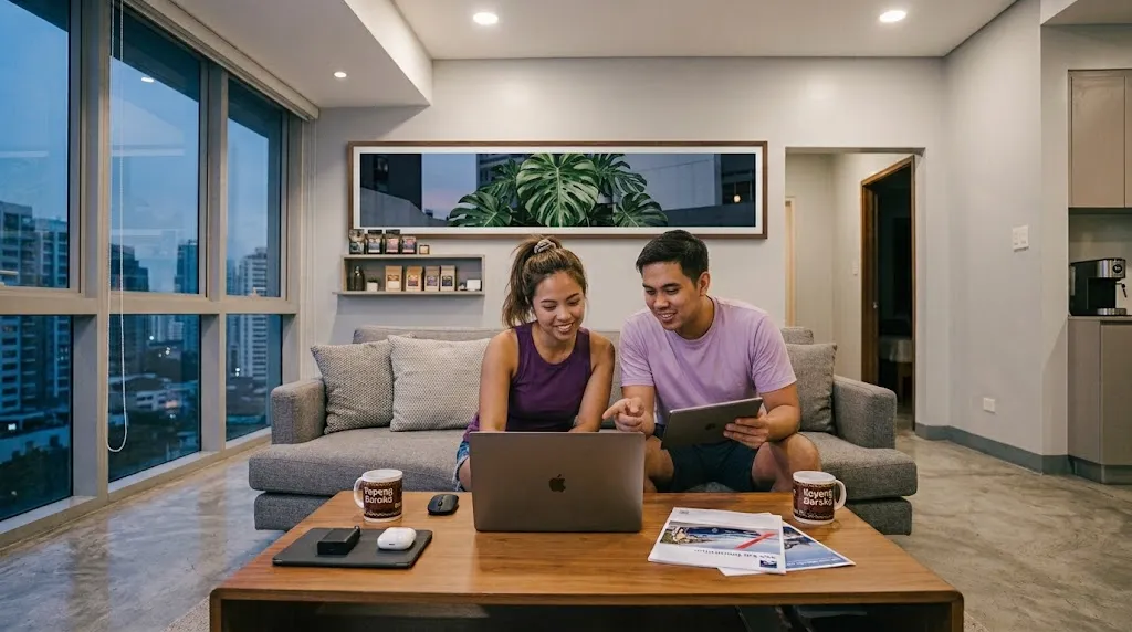 A man and woman sit on a living room floor, using a laptop and tablet together at a coffee table in a modern high-rise apartment