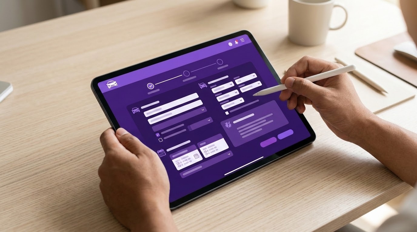A person filling out a digital insurance claim form on a tablet, with a purple-themed interface visible on screen. 