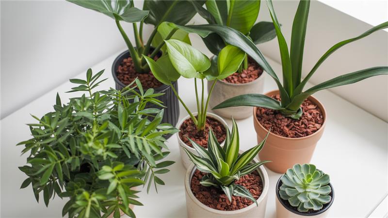 Low maintenance indoor plants in pots on a bright windowsill, including succulents, snake plant, and leafy houseplants. Best for frequent flyers.