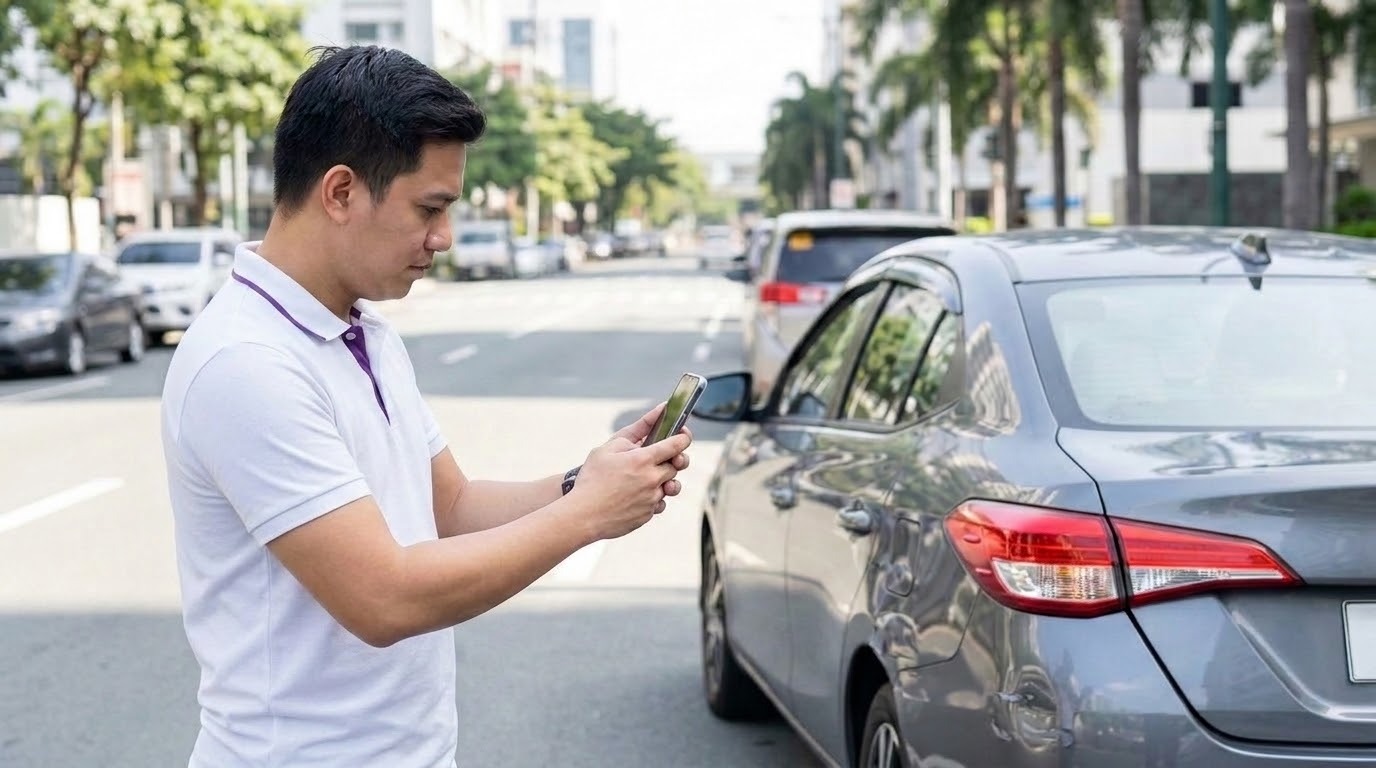 Filipino male driver in his 30s, wearing a white polo with a subtle purple accent, stands at the side of a minor car accident scene.