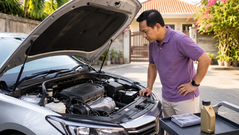 A car owner checking the engine bay and vehicle maintenance essentials before a routine service, illustrating preventive car care