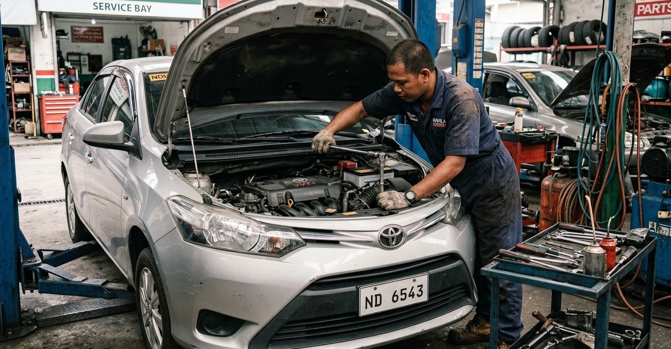 Mechanic checking a car engine in an auto repair shop