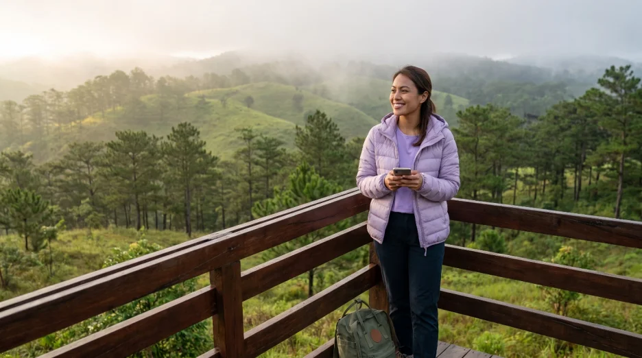 A Filipino traveler in a warm light purple jacket standing on a misty mountain viewpoint surrounded by pine trees and rolling highlands.
