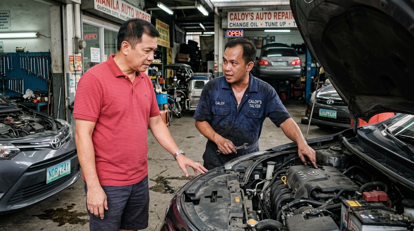Mechanic checking a car engine in an auto repair shop