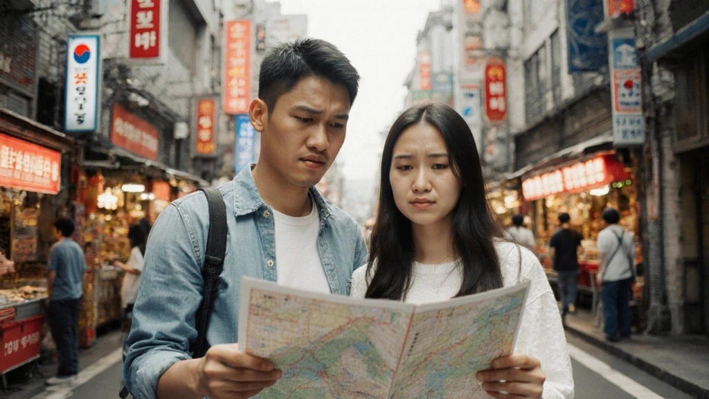 Two travelers holding a map in a bustling Asian market street with colorful signs and shops, exploring a vibrant urban destination.