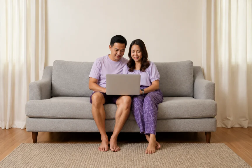 Couple comparing car insurance options on a laptop at home before choosing a policy.