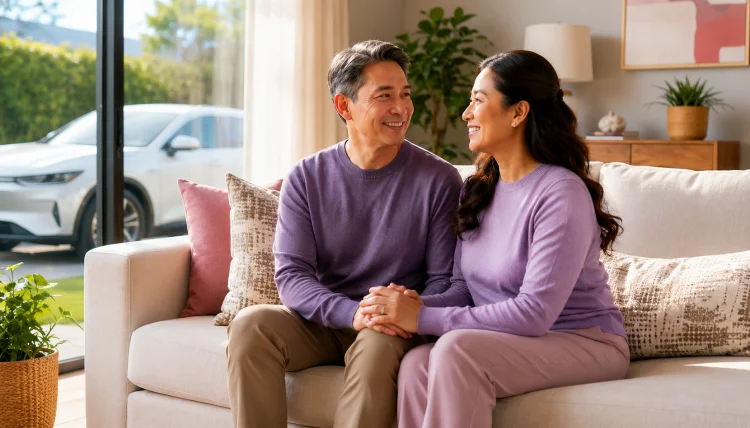 Couple sitting together at home, reflecting on financial preparedness with critical illness insurance.