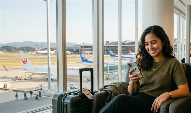 Traveler using smartphone with eSIM abroad
