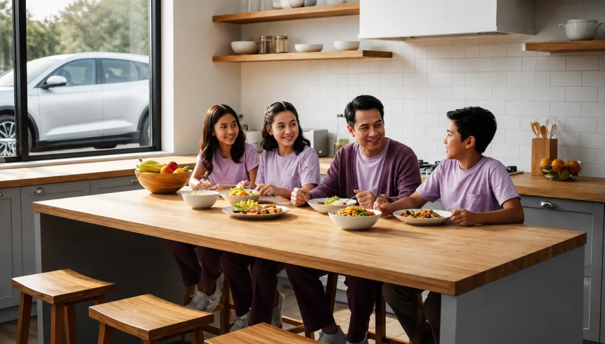 Family enjoying a healthy meal together at home to promote heart-healthy lifestyle habits.