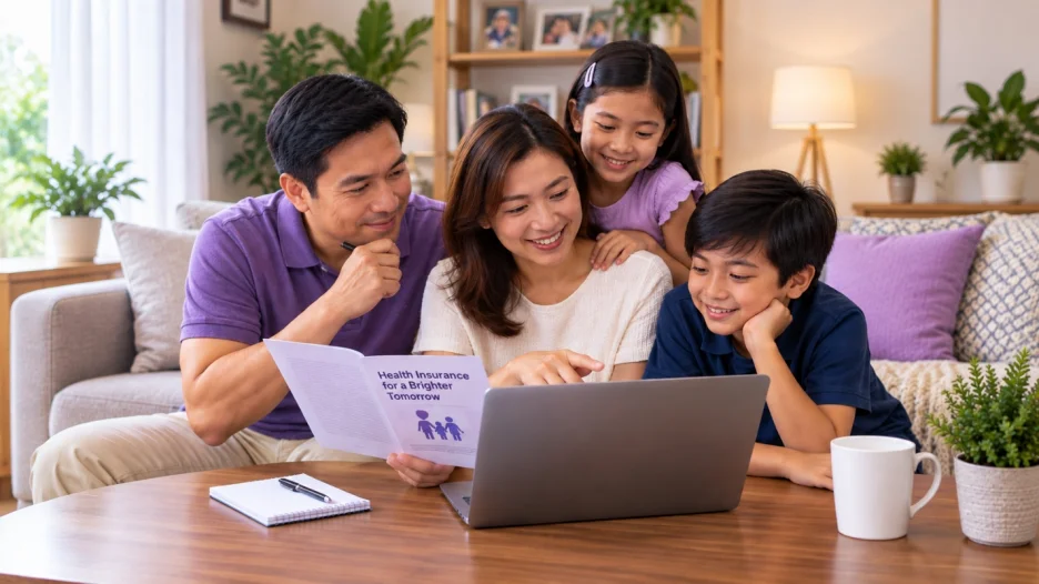 Filipino parents reviewing health insurance options for their family at home.