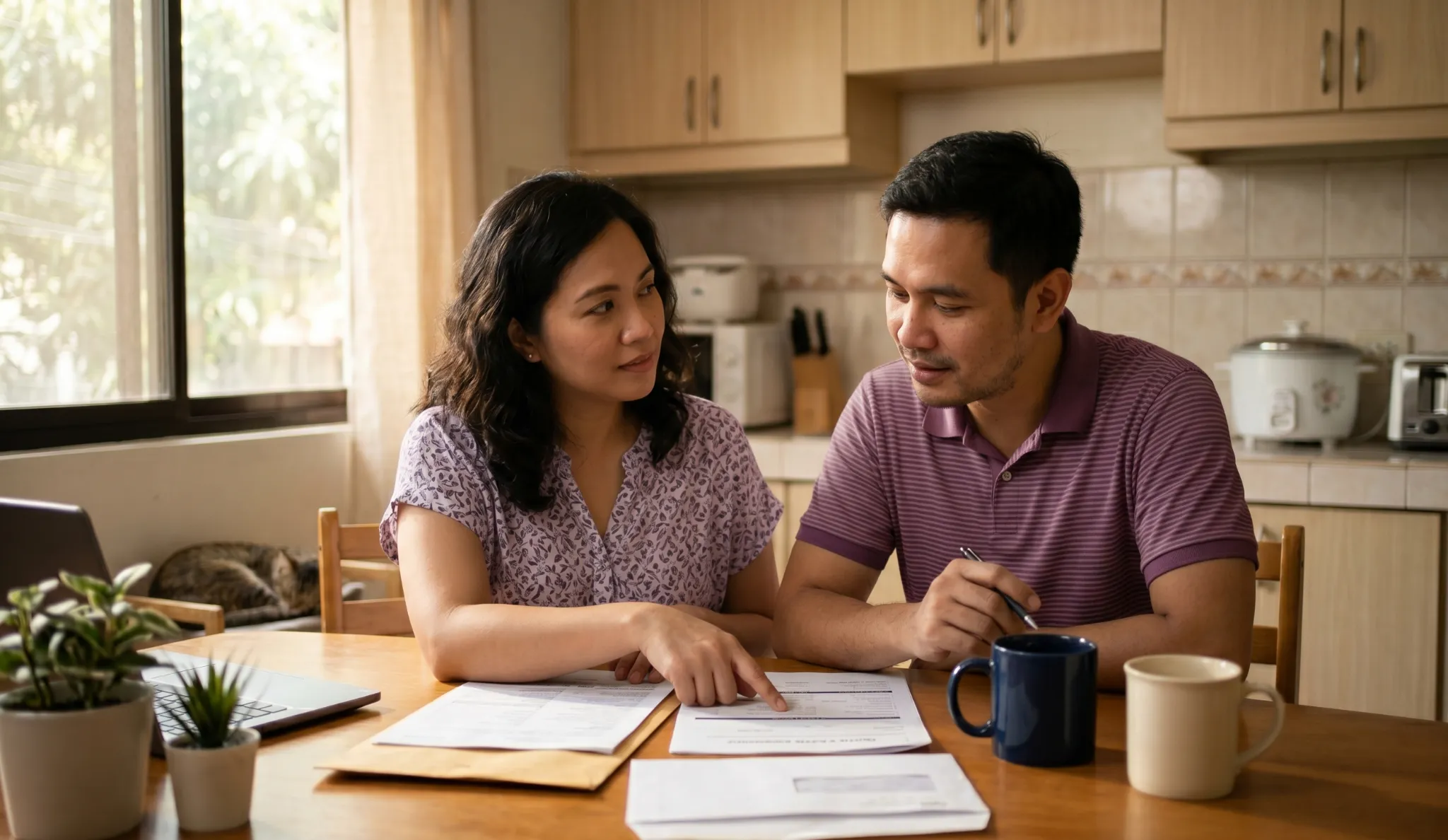 Filipino couple reviewing health insurance options at home Philippines