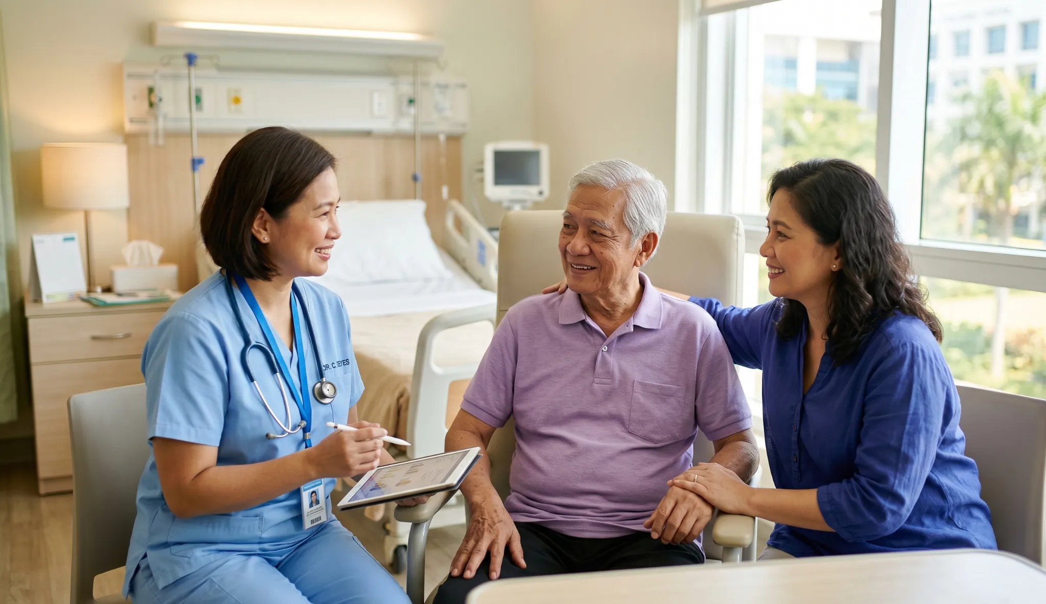 Filipino family consulting with doctor about health insurance coverage