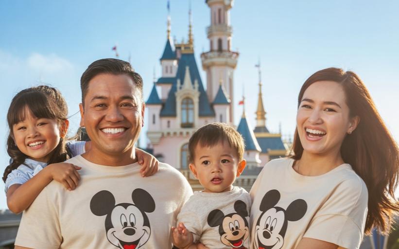 A joyful family of four wearing matching Mickey Mouse shirts poses for a photo in front of a colorful castle at a theme park, with clear blue skies and lush greenery in the background.