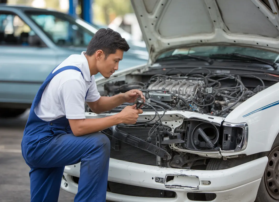 Filipino mechanic in blue overalls inspecting the engine of a white car under open hood in a Manila auto repair shop