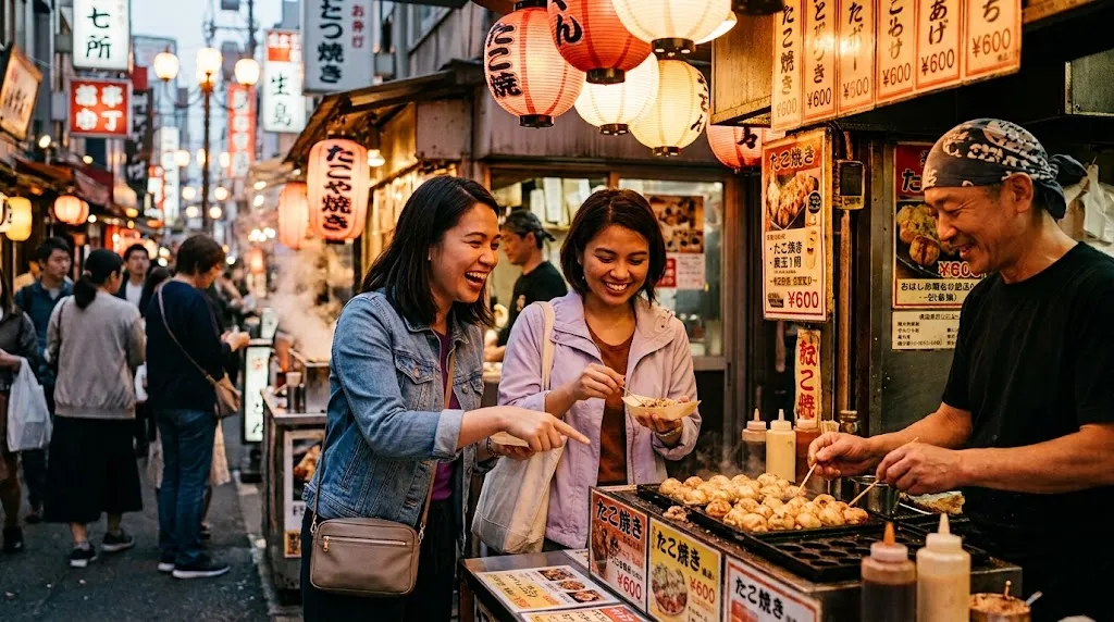 Filipino travellers enjoying takoyaki from a street food stall in Osaka.
