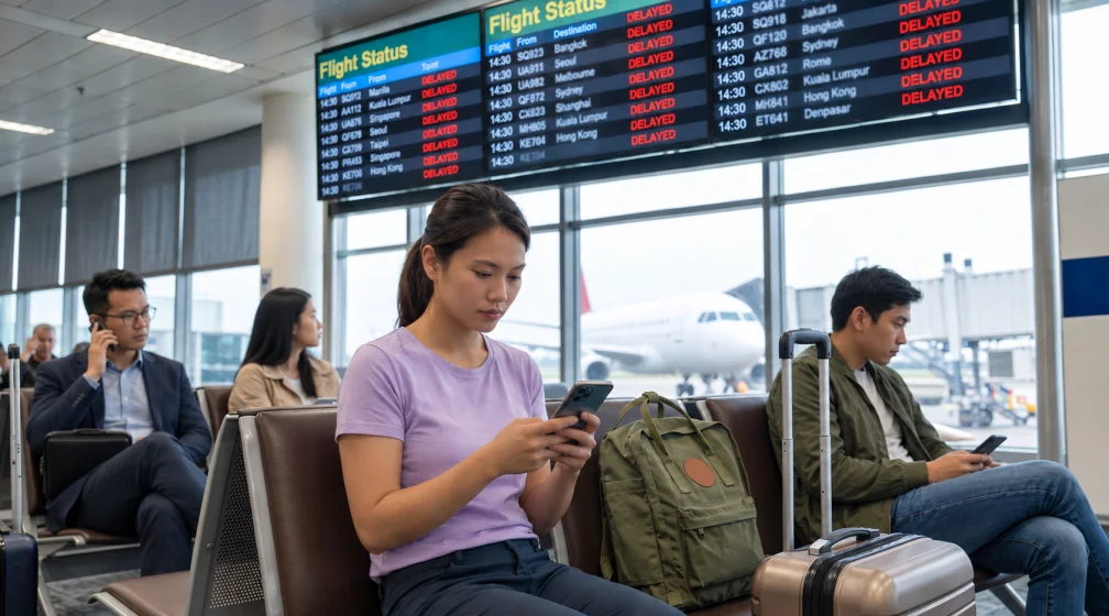 An airport departure board showing a delayed flight while a traveler waits with luggage, representing common flight disruptions.
