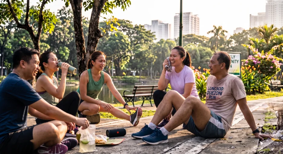 Friends cooling down together after a morning run at a community park in the Philippines.