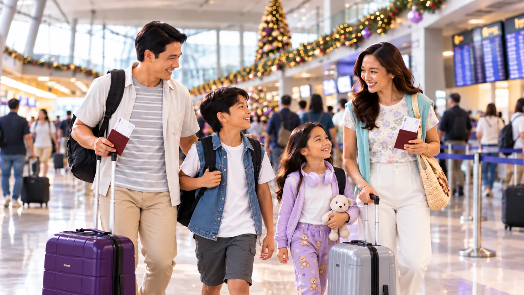 Filipino family travelers navigating a busy airport during the 2026 holiday season with carry-on luggage.