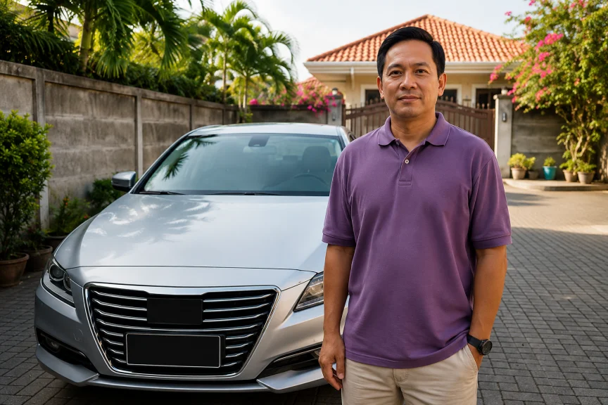 A car owner with a sedan outside his home in the Philippines.
