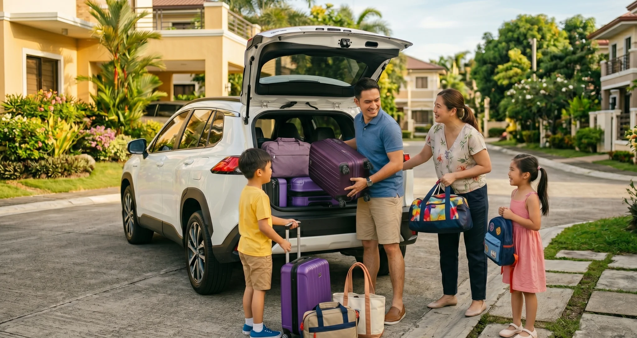 Filipino family preparing their hybrid SUV for a Philippine road trip