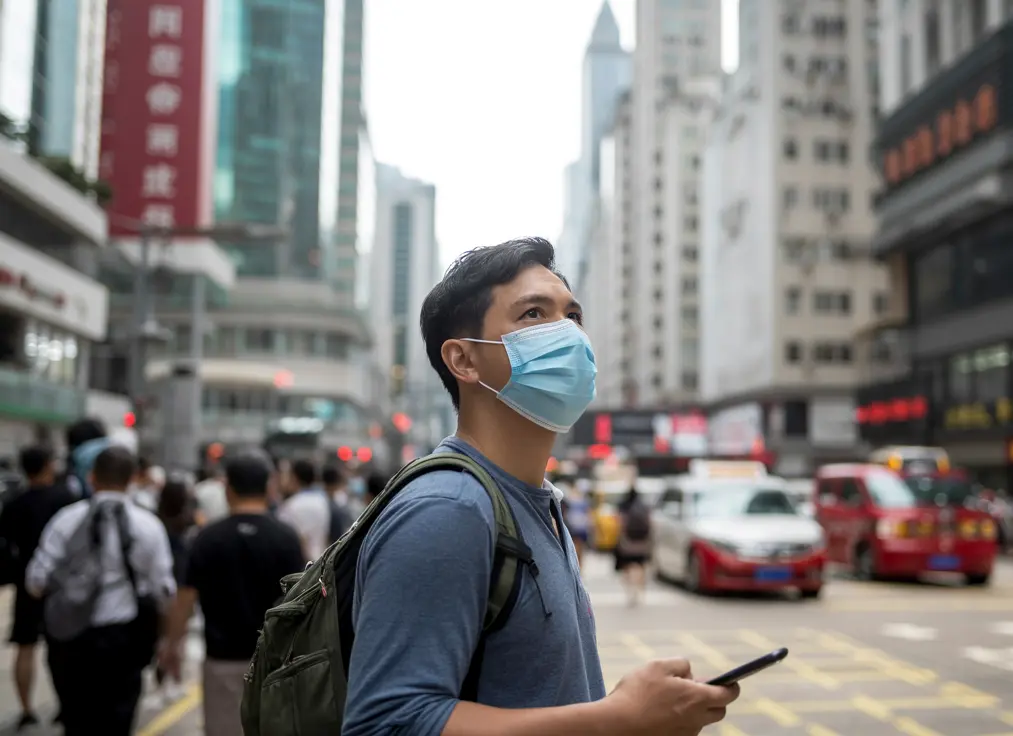 A street scene in Hong Kong with a young Filipino wearing a light blue surgical mask and a navy blue sweater standing on a busy intersection.
