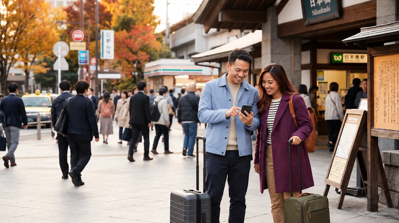 Filipino travellers checking a smartphone beside luggage on a busy street in Japan.