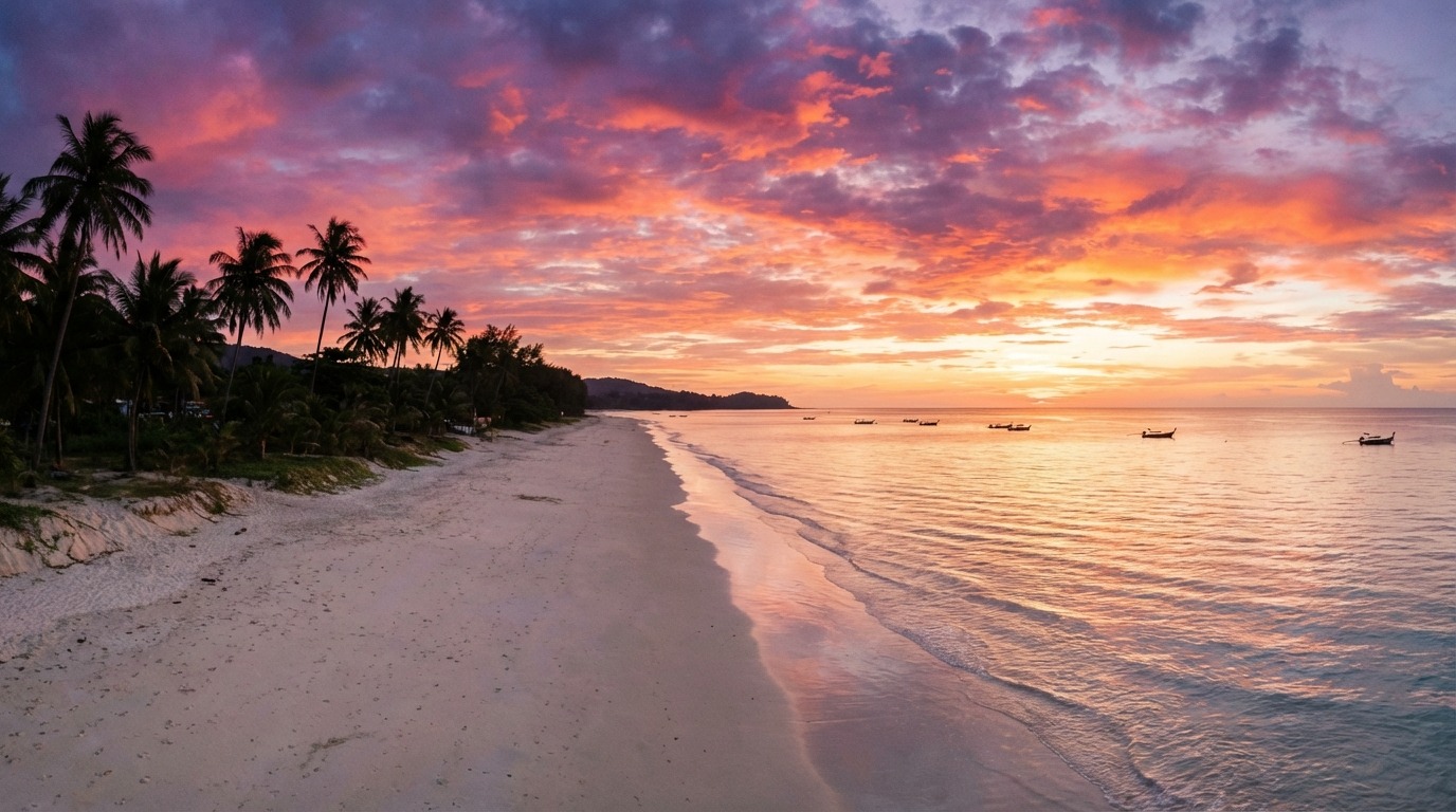 A breathtaking sunset over Karon Beach Phuket Thailand, dramatic orange pink and purple sky reflected on the calm Andaman Sea.