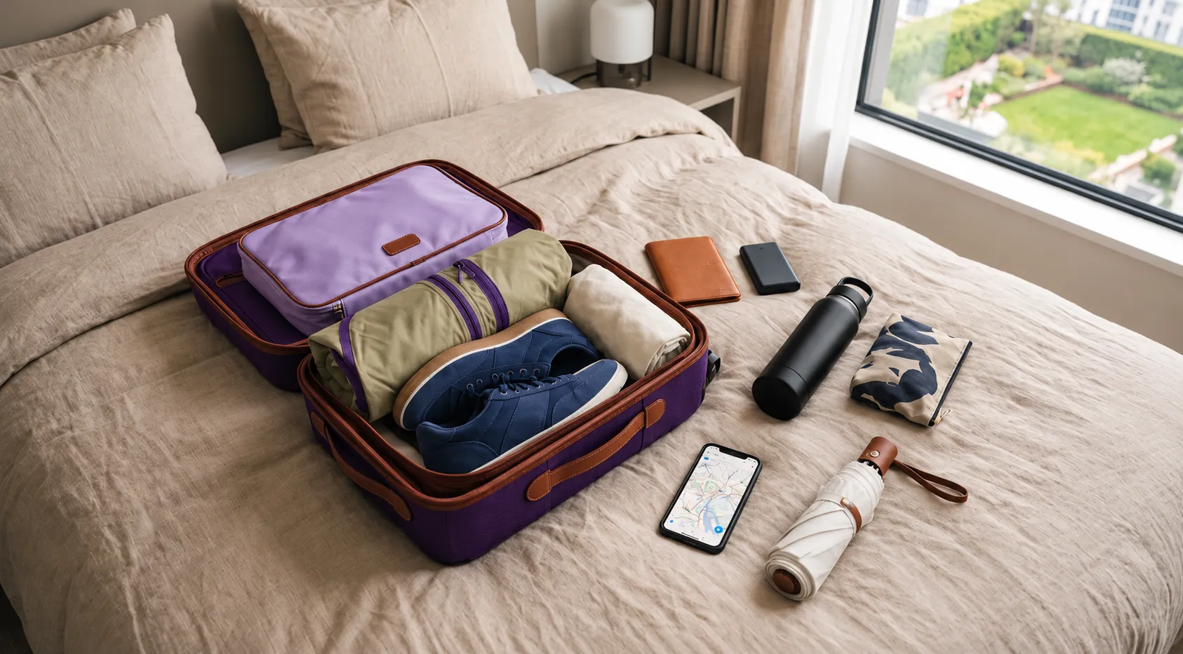 Packed suitcase with walking shoes, umbrella, phone and travel essentials for Japan.