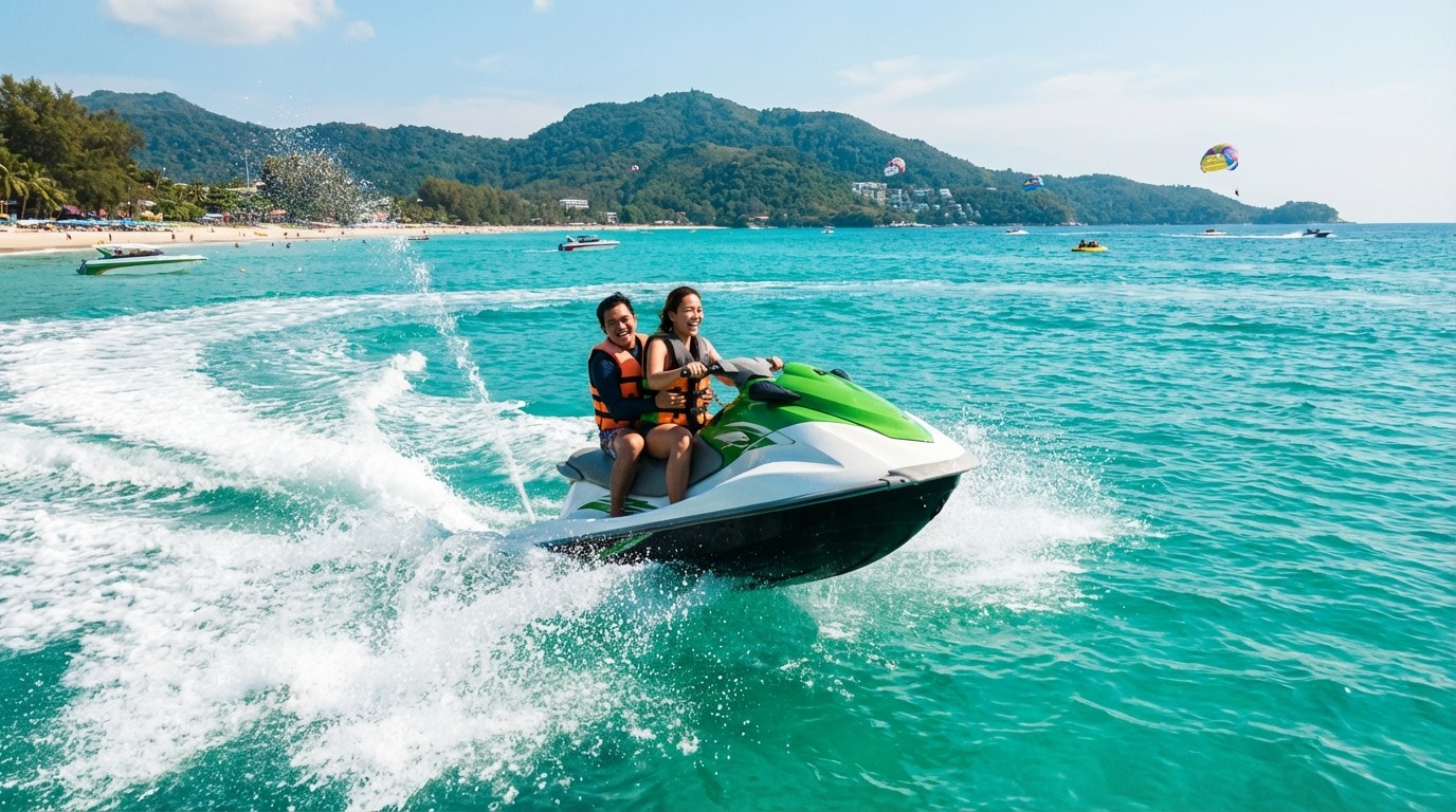 A couple jet skiing on the turquoise waters of Patong Beach Phuket Thailand.