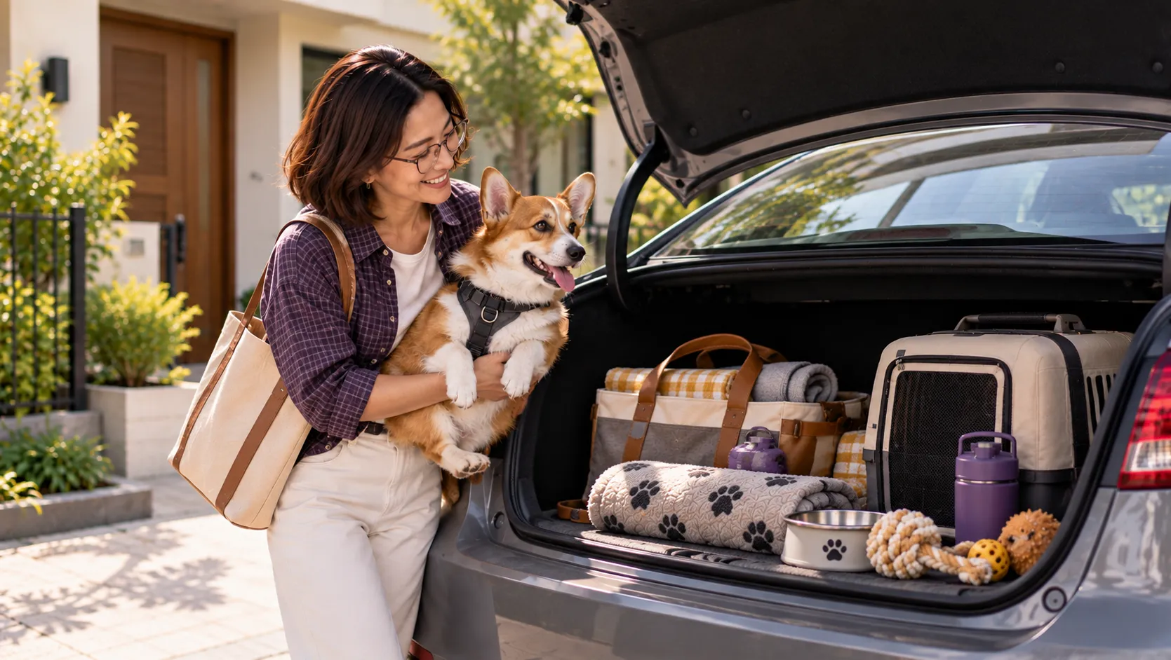 Filipino pet owner with a dog preparing a car before a long road trip, with a travel bag and pet essentials ready for the journey.