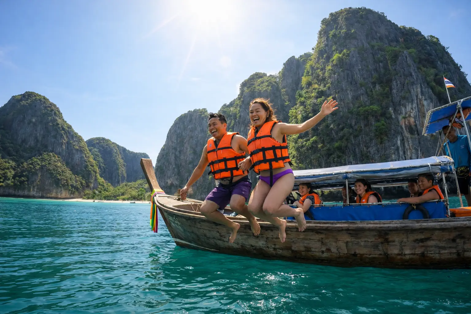 A couple jumping off a traditional Thai longtail wooden boat into the turquoise waters of Phi Phi Island Thailand