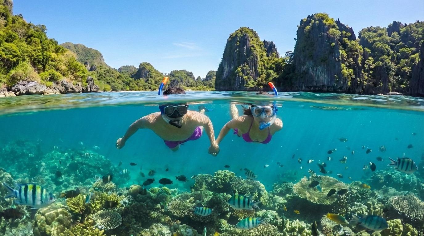 A couple snorkeling hand in hand above a vibrant coral reef teeming with tropical fish in the crystal clear turquoise waters of Phi Phi Island Thailand