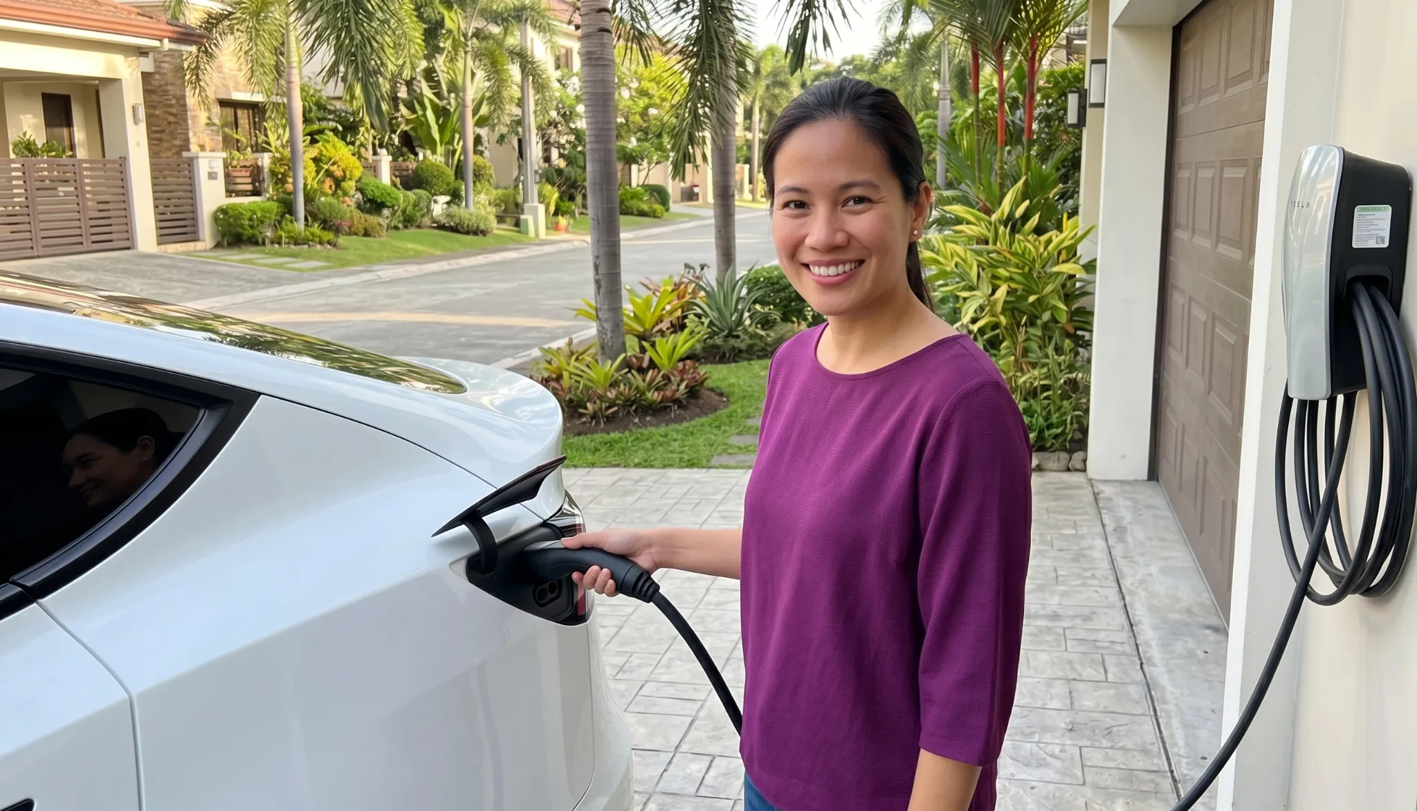 Tesla owner charging an electric vehicle at home in the Philippines
