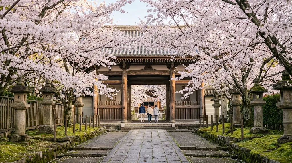  Traditional Japanese temple gate framed by cherry blossoms in spring.
