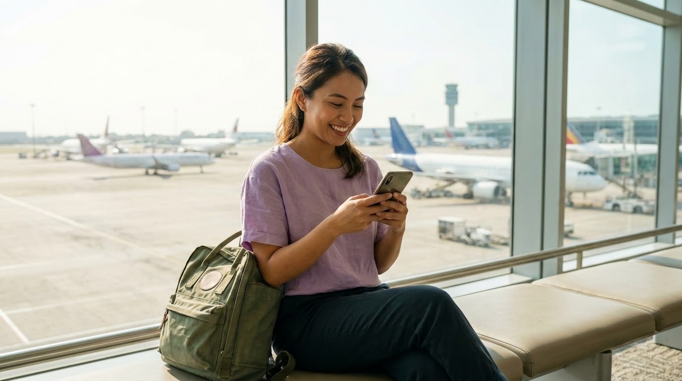 A young Filipina woman wearing a light purple linen top, sitting at an airport gate with a backpack beside her, smiling at her phone.