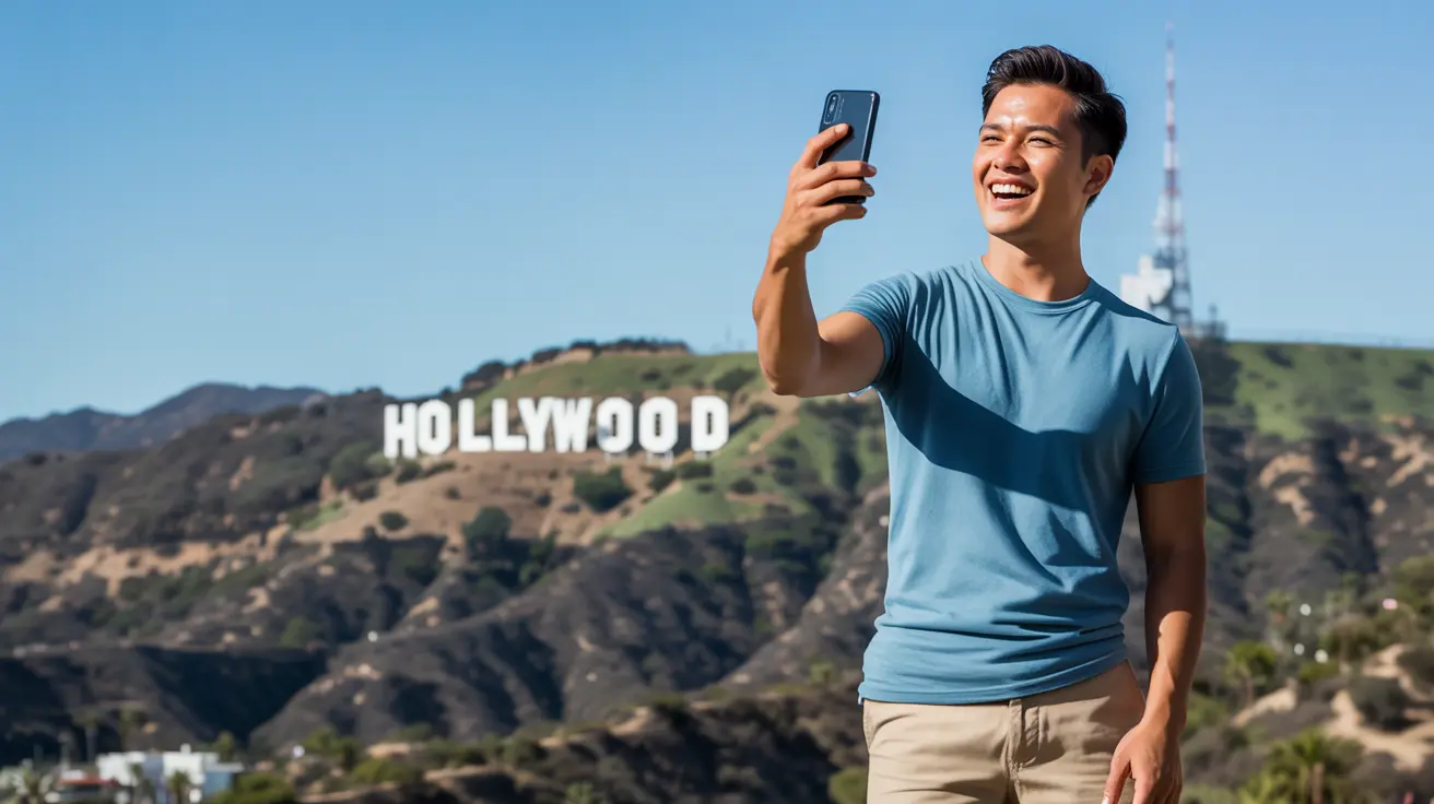 A young Filipino tourist smiling while taking a selfie with the Hollywood sign in the background on a sunny day.