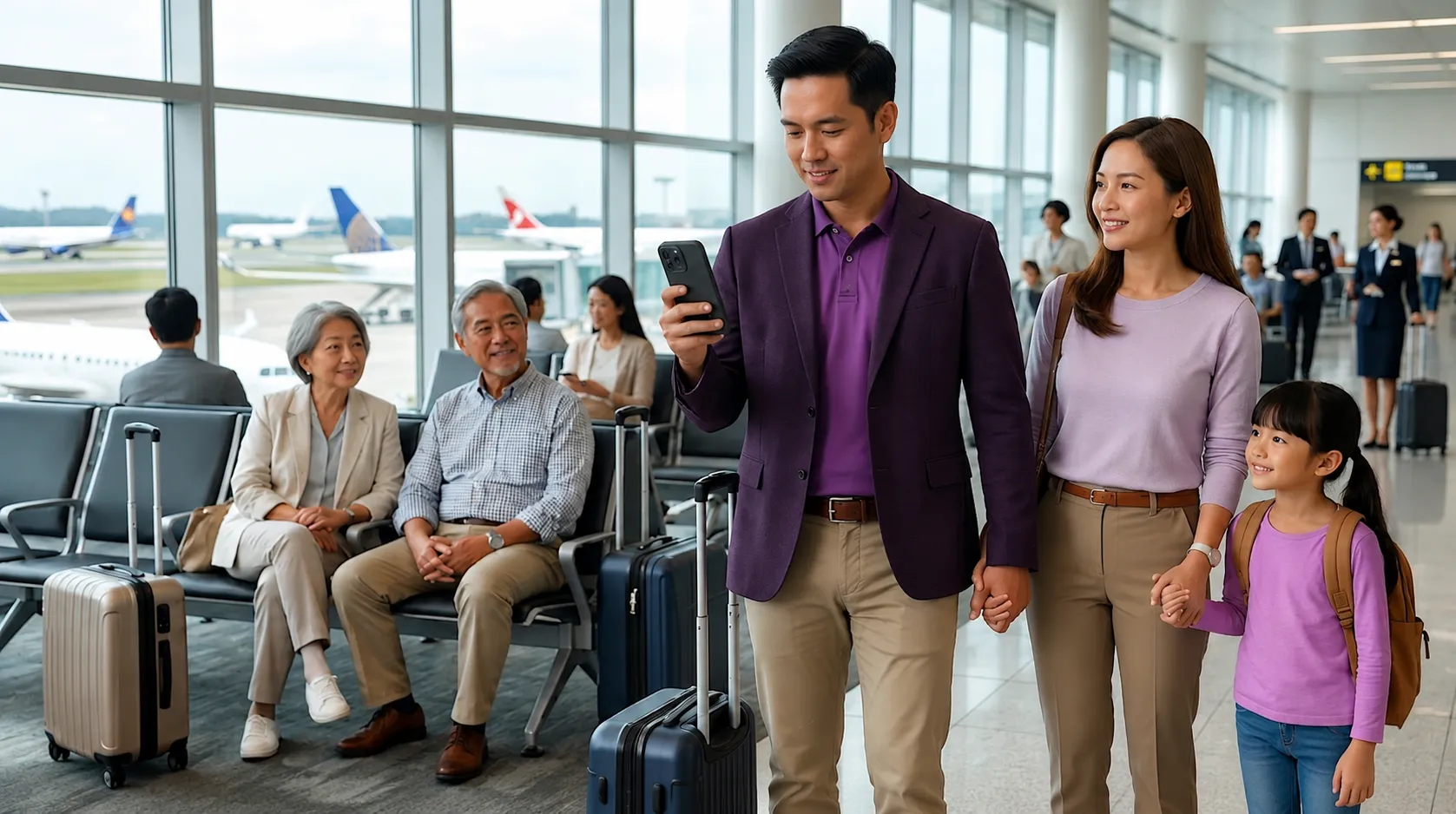 Filipino family traveling through an international airport