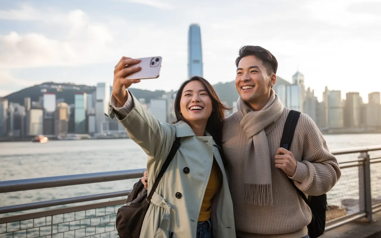 Filipino travelers at Victoria Harbour in winter